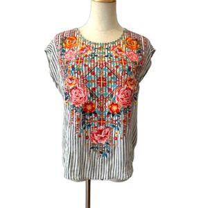 Savanna Jane By Your Side Striped Floral Embroidery Summer Casual Top Cap Slv Sm